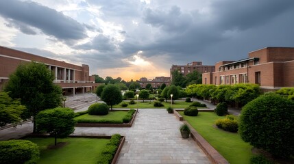 A formal academic campus courtyard with manicured gardens and brick buildings bathed in soft sunset light under dramatic clouds