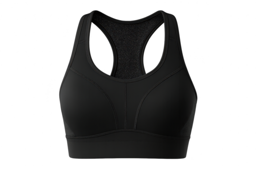 Isolated black sports bra with transparent background, activewear cut-out image