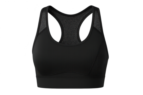 Black sports bra isolated on transparent background, breathable active wear
