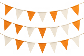 Orange and white bunting flags hanging as decoration, creating a festive party garland for celebrations, transparent background