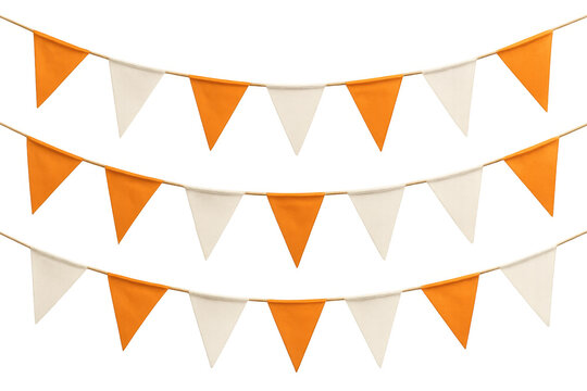 Orange and white bunting flags hanging as decoration, creating a festive party garland for celebrations, transparent background
