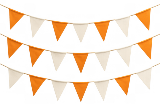 Orange and white bunting flags hanging as decoration, creating a festive party garland for celebrations, transparent background