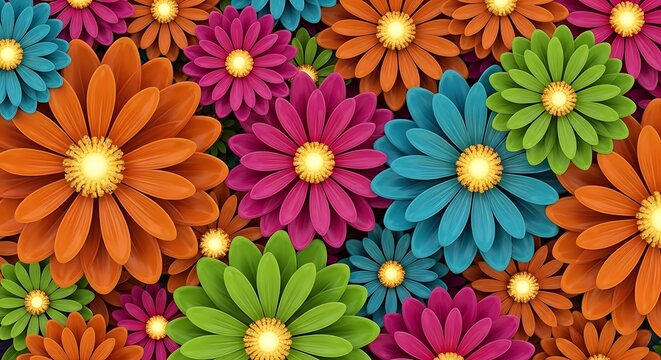 Vibrant and colorful abstract floral pattern with many daisy like flowers in bright shades - Powered by Adobe