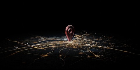 Red location pin on a city map at night, dark theme