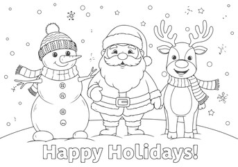 Festive Holiday Coloring Book Page Santa Claus, Snowman, and Reindeer Illustration in 2.eps format, for easy printing