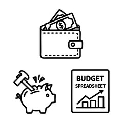Personal Finance Icon Set Wallet Broken Piggy Budget Chart