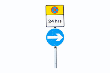 Do Not Enter or no entry blue and red cross aluminum square yellow and letters 24 hrs on white sign with circle arrow signs isolated on white background. Regulatory signs for vehicular traffic sign.