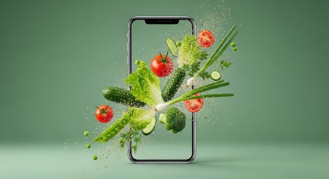 Smartphone mock up displaying vibrant vegetables like tomatoes, cucumbers, and greens bursting from the screen, illustrating fresh produce and online shopping concept with copy space