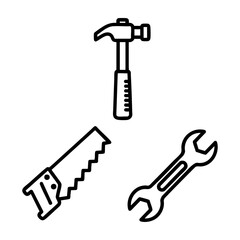 Construction Tools Icon Set Hammer Saw Wrench Outline Vector
