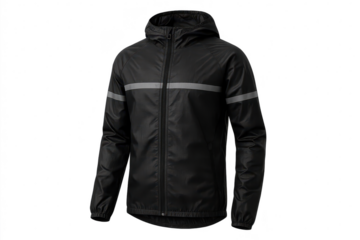 Black hooded rain jacket isolated on transparent background, lightweight coat