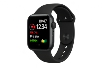 Modern black smartwatch isolated on transparent background, health data shown