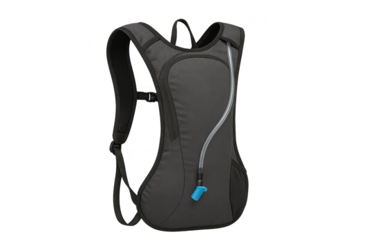Gray hydration backpack isolated on a transparent background, for hiking and outdoor activities
