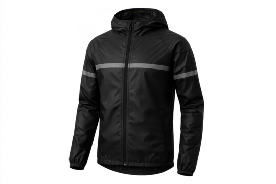 Black hooded rain jacket isolated on transparent background, lightweight coat