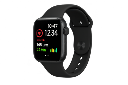 Modern black smartwatch isolated on transparent background, health data shown