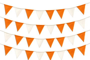 Decorative orange and white bunting flags hanging for celebration, party, festival, or event with transparent background