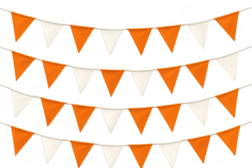 Decorative orange and white bunting flags hanging for celebration, party, festival, or event with transparent background