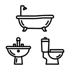 Bathroom Fixtures Icon Set Bathtub Sink Toilet Outline Vector