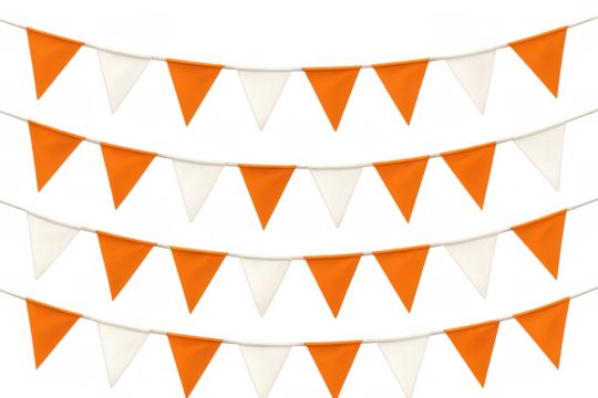 Decorative orange and white bunting flags hanging for celebration, party, festival, or event with transparent background - Powered by Adobe