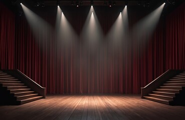 Theater stage dark interior with red curtains and spotlights. Wooden floor and stairs lead to the stage. Concept performance or event. Perfect for advertising.