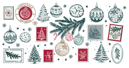 Vintage Christmas Holiday Stamps and Ornaments Collection