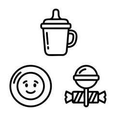 Kids Food Icon Set Sippy Cup Plate Lollipop Outline Art