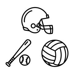 Team Sports Icon Set Football Helmet Baseball Bat Volleyball