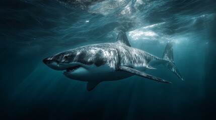 Fototapeta premium A majestic, large marine predator, with sharp teeth, swims powerfully in blue, sunlit ocean depths