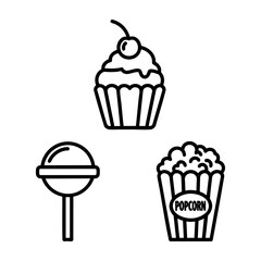 Party Food Icon Set Cupcake Lollipop Popcorn Box Outline