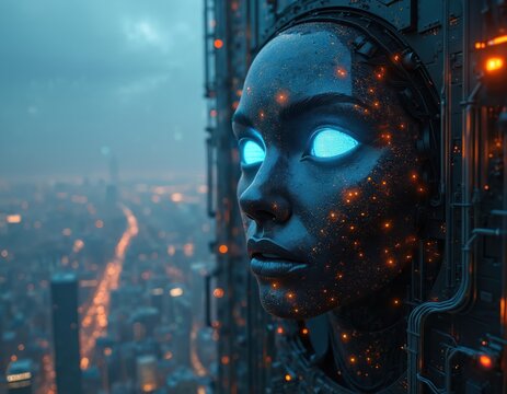 Cybernetic face with glowing blue eyes watches over sprawling futuristic cityscape. Artificial intelligence monitors urban sprawl for digital threats, analyzing data streams from high tech