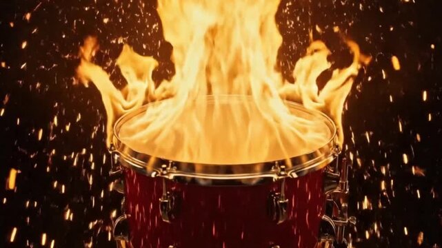 Red drum engulfed in flames  sparks against a dark background