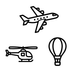 Air Travel Icon Set Airplane Helicopter Hot Air Balloon Line