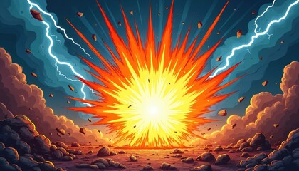 Dramatic explosion background illustration with intense lightning bolts, cartoon effects. Powerful blast radiates outwards across rocky landscape under stormy skies. Dynamic scene conveys energy,