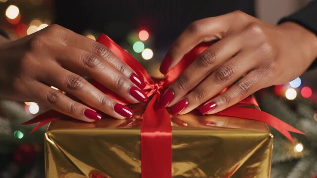 Woman tying red ribbon on a gold gift box during Christmas season  