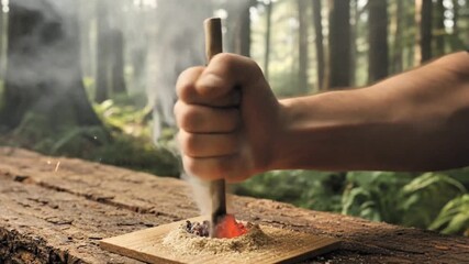 Video, camping and nature theme, hands making a campfire in a traditional manner, educational, 4K