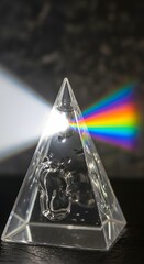 A clear, transparent pyramid-shaped object refracting light into a vibrant rainbow spectrum on a dark surface