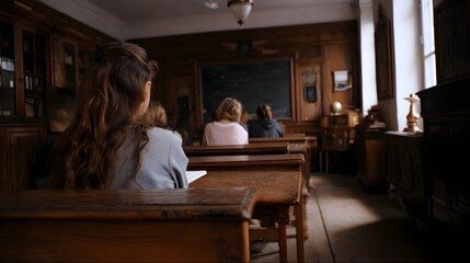 Vintage classroom scene with students at desks during a lesson emphasizing traditional education