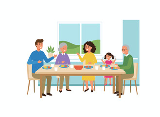 Illustration of a large traditional Arabic family dining together, a flat vector depiction of Muslim relatives eating and drinking at a table against a white background, celebrating a holiday meal
