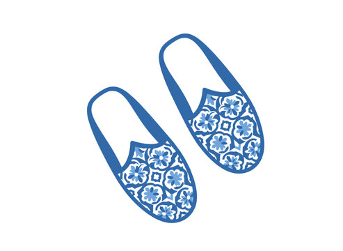 Traditional Moroccan babouche slippers with pointed toes, featuring ethnic Moroccan patterns; a chic Arab-style accessory presented as a flat vector illustration on a white background