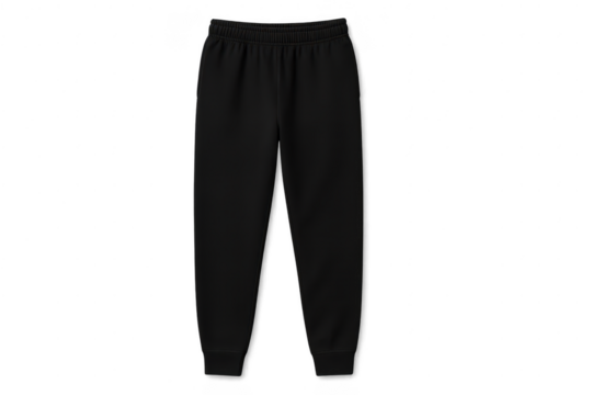 Isolated black jogger pants on transparent backdrop for easy customization