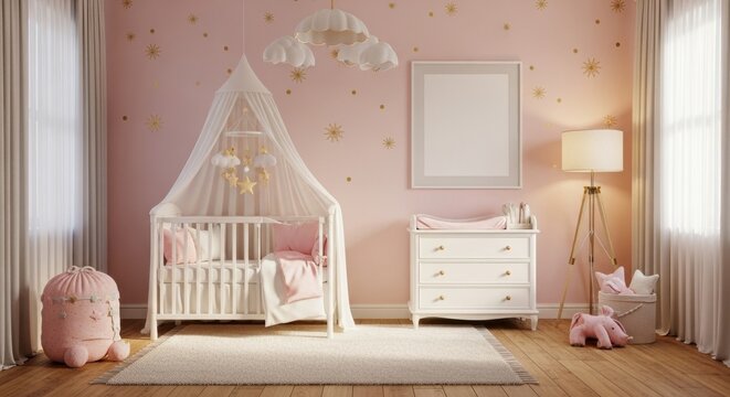 Cozy and Elegant Pink Nursery with Dreamy Clouds and Star Decor for a Perfect Baby Room