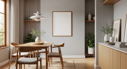 Modern and Minimalist dining room with wooden furniture and decorative accents