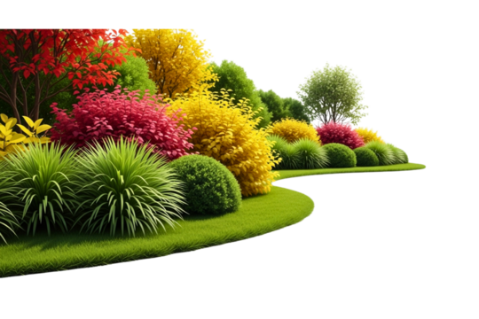 A vibrant garden scene featuring a variety of colorful shrubs and grasses arranged along a curving path.