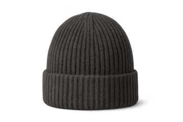 Stylish gray knitted beanie hat isolated on transparent background, winter fashion