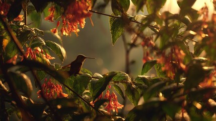 Fototapeta premium A hummingbird rests amidst vibrant orange flowers, illuminated by warm sunlight filtering through lush green foliage