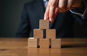 Businessman in suit builds pyramid with wooden cubes, carefully placing top block. Meticulous planning and execution symbolize business growth and success. Building structure on table, indoor setting.