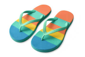 Brightly colored striped flip-flops for summer holidays, cut-out on transparent background