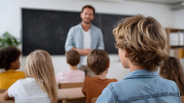 Male teacher lectures diverse young students in a bright classroom setting with children attentively listening from their desks