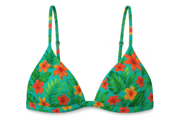 A vibrant tropical floral bikini top isolated on a transparent background for summer fashion.