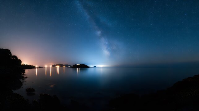 Tranquil night sea reflects Milky Way a serene cosmic seascape under shimmering stars