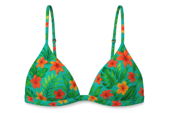 A vibrant tropical floral bikini top isolated on a transparent background for summer fashion.